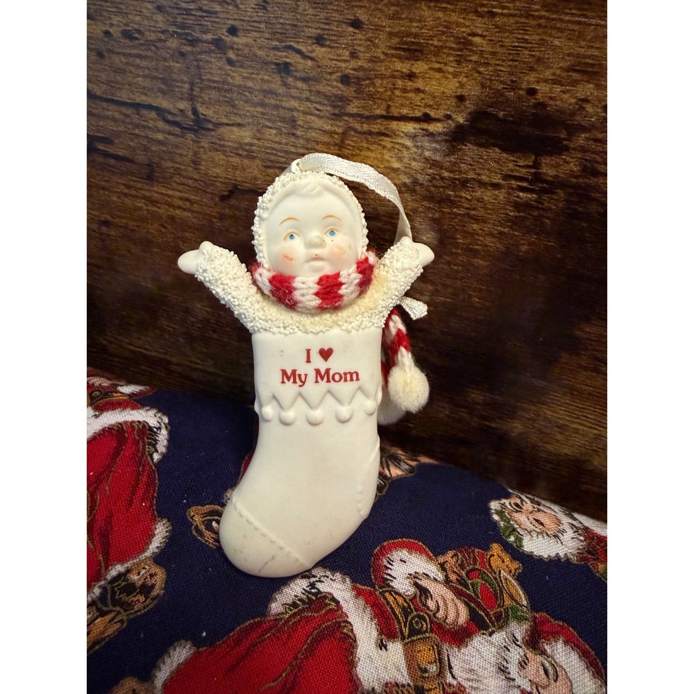 Vintage I Love My Mom Christmas Stocking Ornament Bisque Porcelain Child Figure